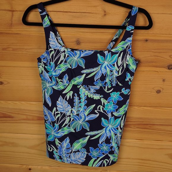 Lands End Black and Blue Floral Swim Tank Top Underwire Size 8‎ - Picture 1 of 6